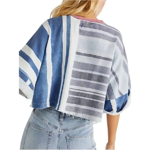 We The Free People Billie Tee / Blue Striped Oversized Slouchy Crop Top Medium - Picture 2 of 7